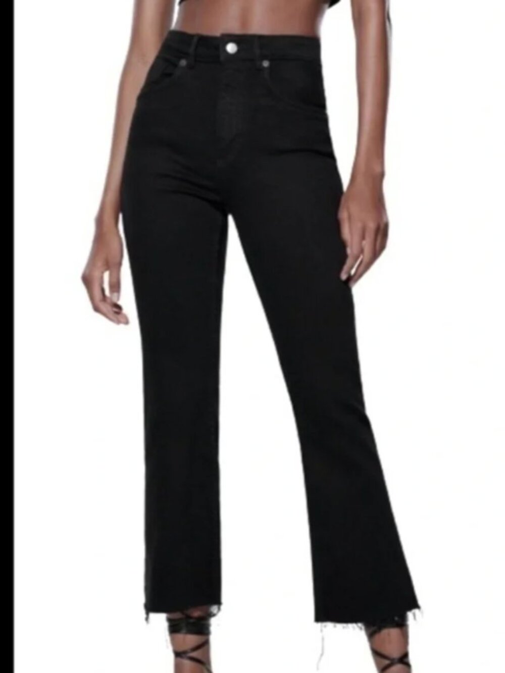 ZARA Black Denim Cropped Frayed Hem Jeans 2